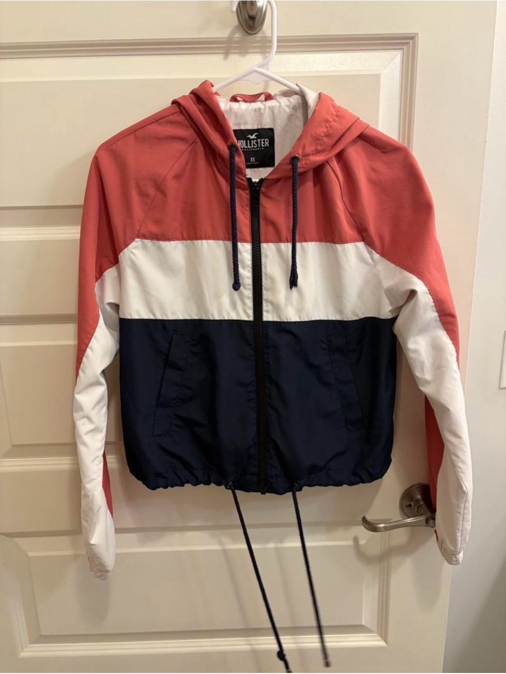 Hollister Pink, White & Navy Hooded Rain Jacket